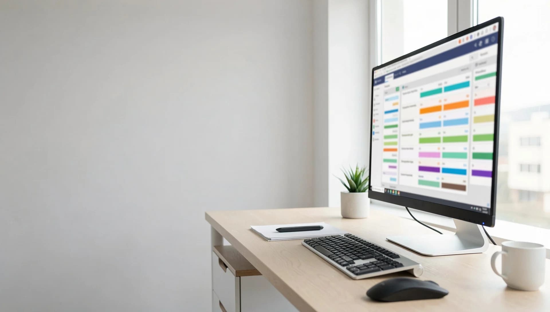 Heller, aufgeräumter Arbeitsplatz mit Monitor, auf dem eine Anwendung läuft